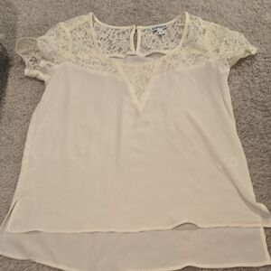 Express Cream Asymmetrical Lace Blouse with Flutter Sleeves